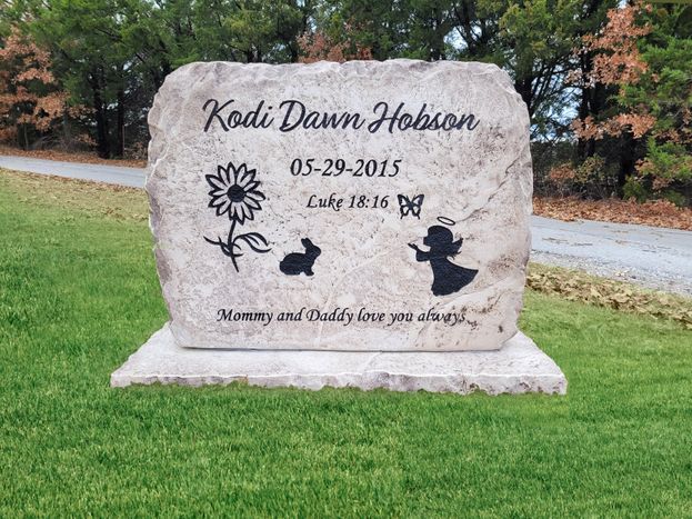 Personalized upright memorial headstone engraved with flower, angel, and scripture