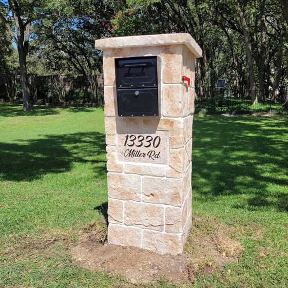 Custom stone mailbox column with engraved address plaque for 13330 Miller Road