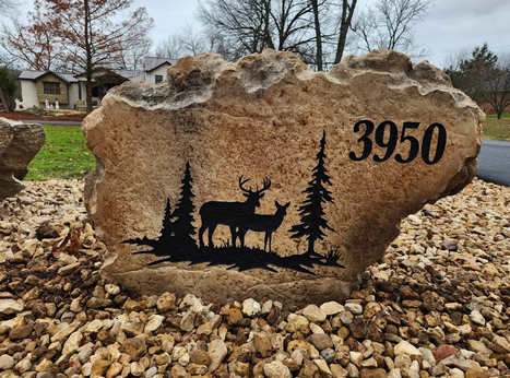 Custom Engraved House Number Boulder with Deer and Pine Tree Design