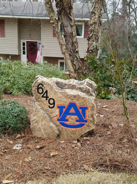 Engraved address boulder with Auburn AU logo and house number 649