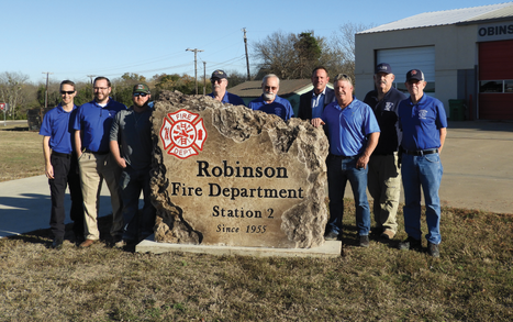 Custom carved stone commercial monument sign for Robinson Fire Department Station 2