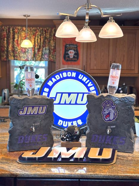 Custom engraved JMU boulder drink dispensers handcrafted in Bridgewater VA