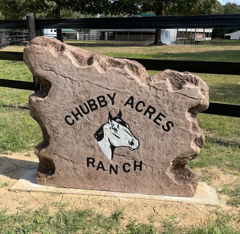 Chubby Acres Ranch engraved horse head landscape boulder entrance sign