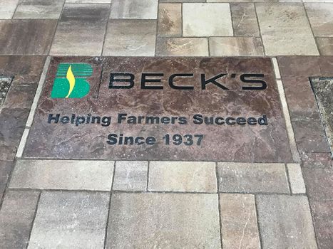 engraved stone inlay logo sign for Beck’s Helping Farmers Succeed since 1937