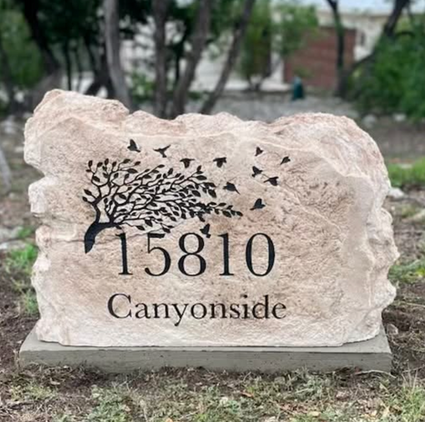 Custom engraved residential address boulder for 15810 Canyonside created by Boulder Designs.