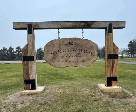 Hand-Made Birchwood Meadow Monument Boulder Sign Suspended in Timber Frame