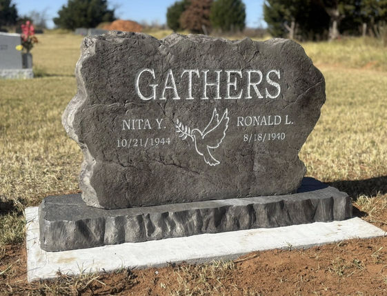 Affordable Engraved Stone Boulder Headstone Memorial with Dove Artwork and Personalized Dates