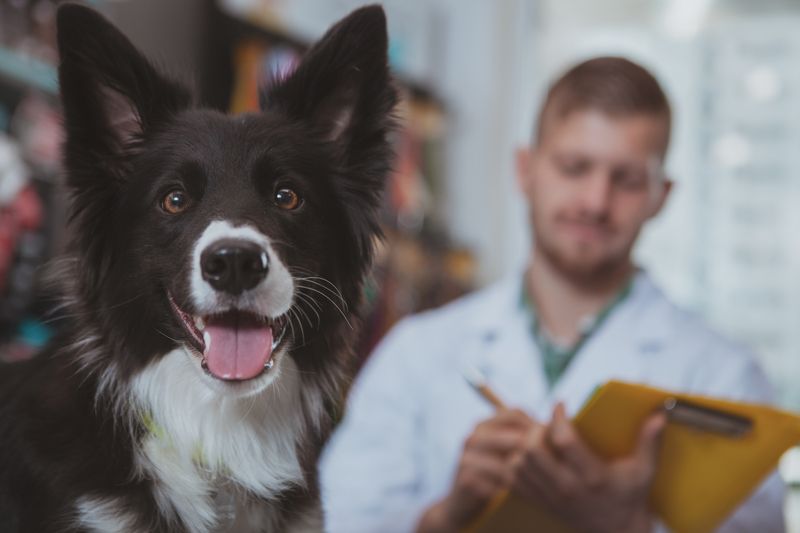 Image of dog smiling with veterinarian checking prescription on the background Pet Care