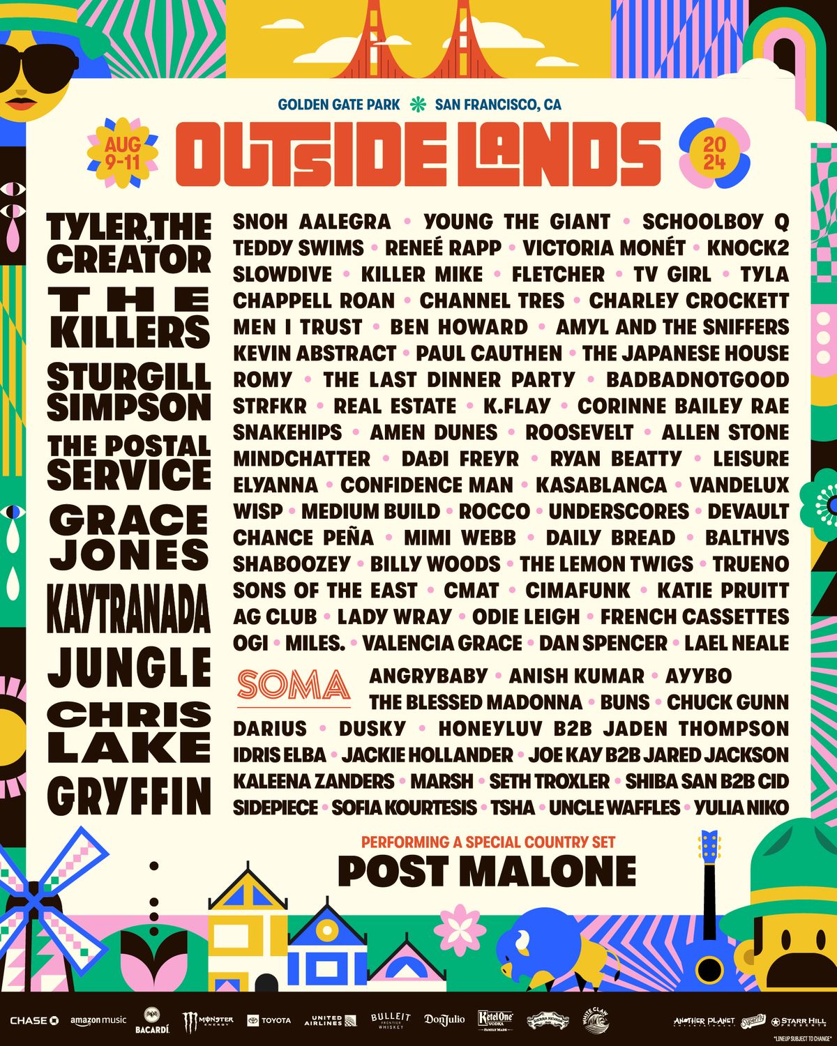 Outside Lands 2024 Lineup: Tyler The Creator, The Killers, Sturgill Simpson, The Postal Service, Grace Jones, Kaytranada, Jungle, Chris Lake, Griffin, Post Malone, Snoh Aalegra, Young the Giant, ScHoolboy Q, Teddy Swims, Renee Rapp, Victoria Monet, Knock2,