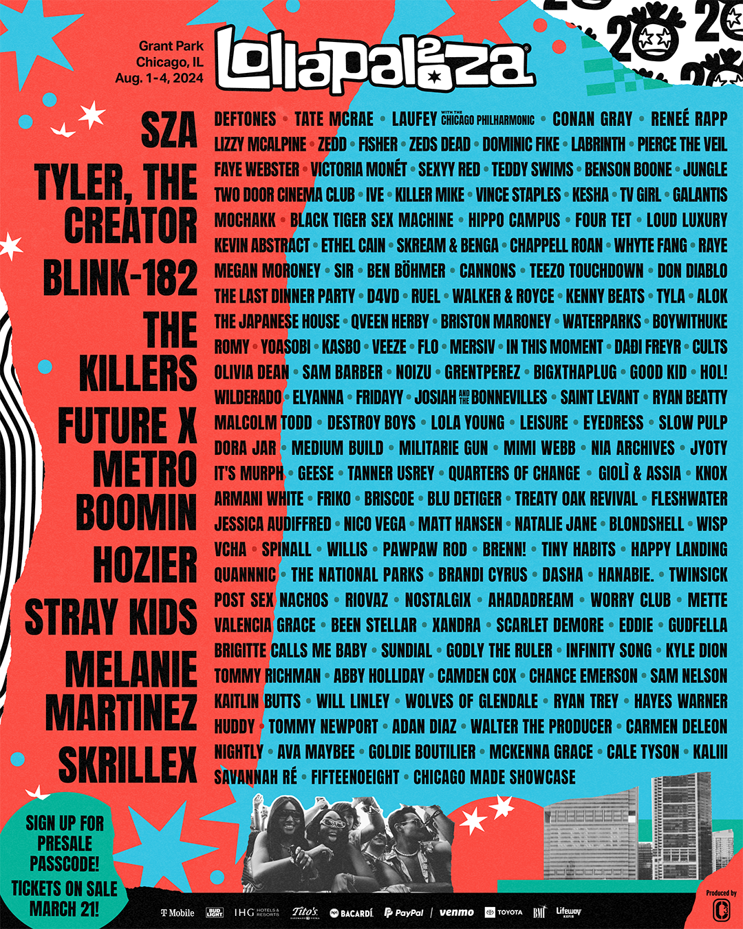 Lollapalooza 2024 Lineup: SZA, Tyler the Creator, Blink-182, The Killers, Future x Metro Boomin, Hozier, Stray Kids, Melanie Martinez, Skrillex, Deftness, Tate McRae, Laufey with the Chicago Philharmonic, Conan Gray, Renee Rapp, and more