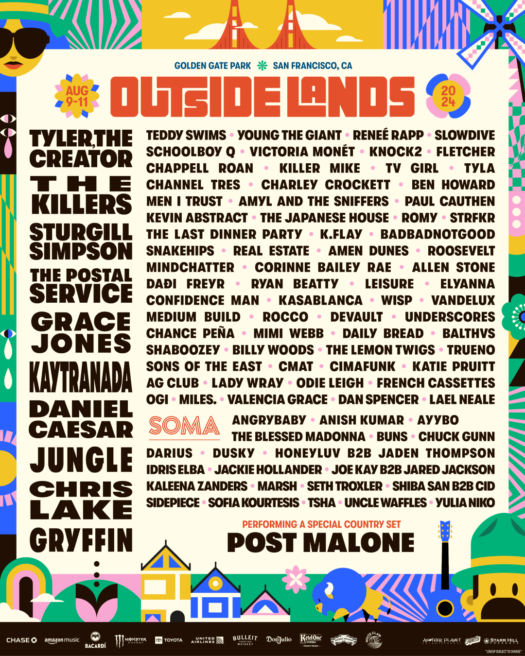 Outside Lands 2024 Lineup: Tyler The Creator, The Killers, Sturgill Simpson, The Postal Service, Grace Jones, Kaytranada, Jungle, Chris Lake, Griffin, Post Malone, and more