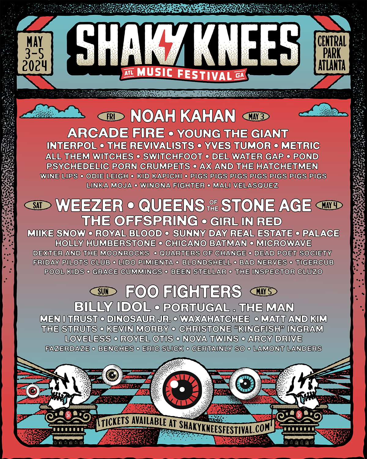 Shaky Knees 2024 Lineup: Foo Fighters, Noah Kahan, Weezer, Queens of the Stone Age, Arcade Fire, Young the Giant, The Offspring, girl in red, Billy Idol, Portugal. The Man, Interpol, The Revivalists, Yves Tumor, Metric, Miike Snow, Royal Blood, Sunny