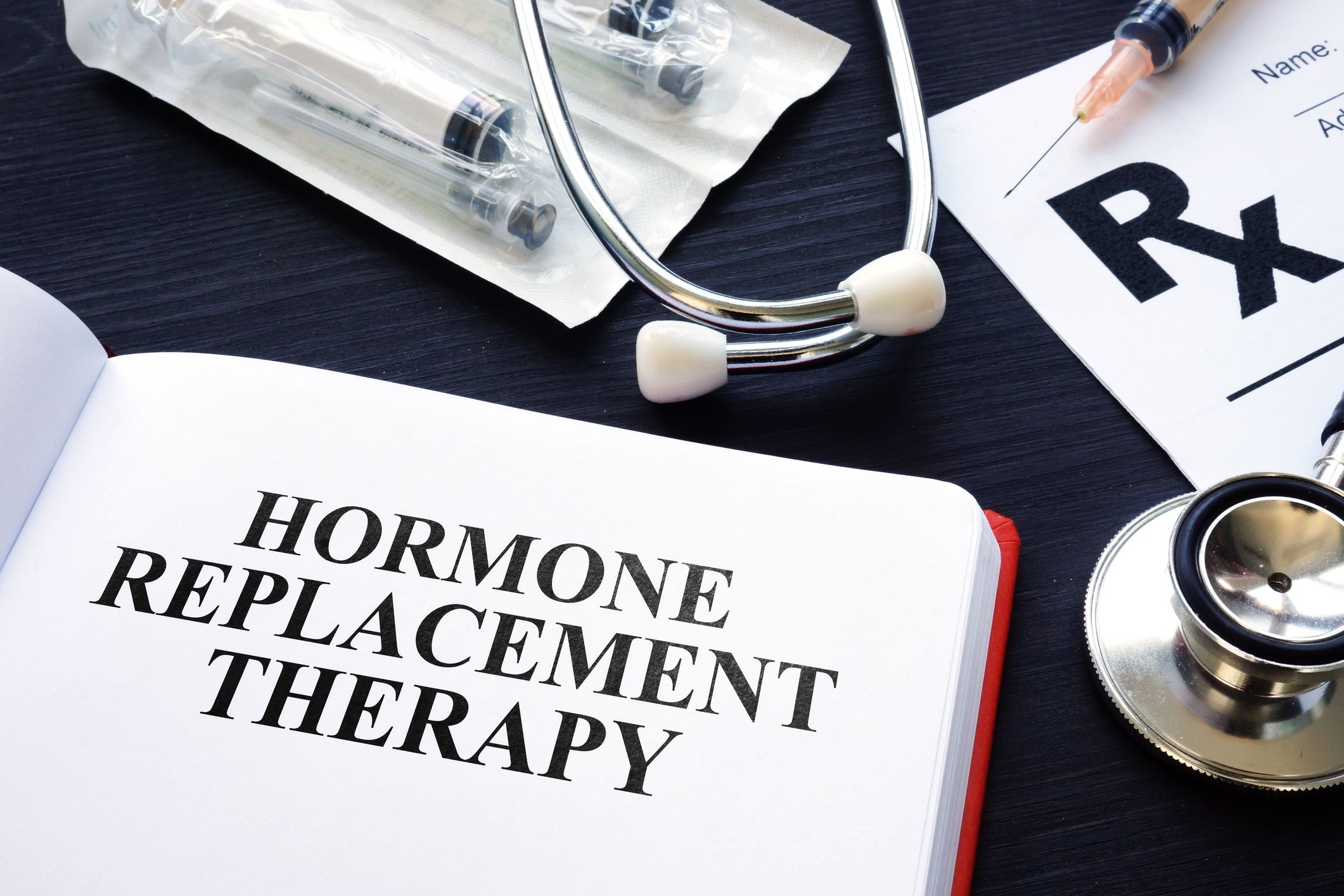 Book about Hormone Replacement Therapy and syringes. Book about Hormone Replacement Therapy.
