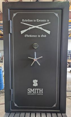 Grey Elite Vault Door with Custom rifle graphics and text with the Smith Security Safes logo at the bottom.