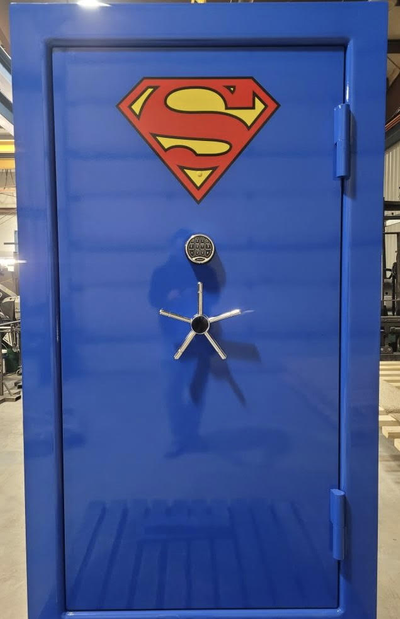 A blue gloss vault door with a Superman logo on the front.