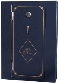 a blue hickory gun safe with gold trip and a logo on the bottom.