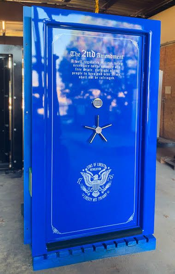 Magnum Gloss Blue Vault Door with the second amendment and the United States Seal printed on the outside