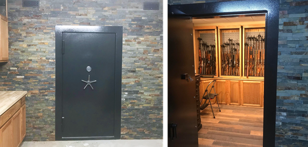 A grey Installed Safe Door next to an image of the safe door opened to show a gun cabinet in a safe room.