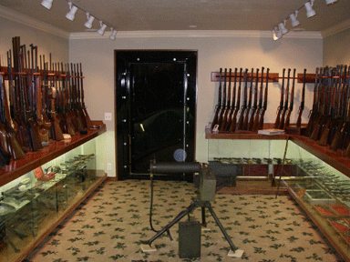 Rifles lined up on a gun rack above a gun case that contains small firearms.