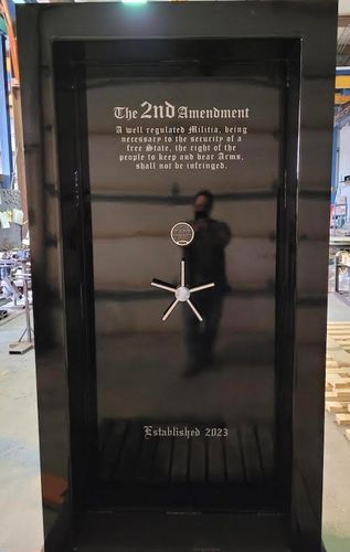 Customized Gloss Black Titan Vault Door with the second amendment text on the front. Customized Gloss Black Titan Vault Door with the second amendment text on the front.