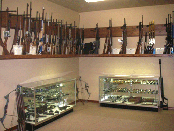 rifles on a gun rack above two gun cases filled with weapons inside a vault room. rifles on a gun rack above two gun cases filled with weapons inside a vault room.