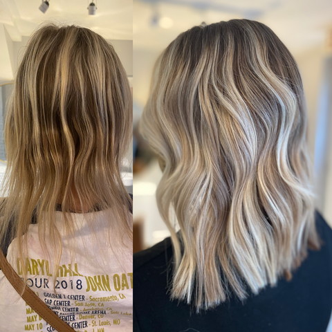 Barbara smiling with her seamless extensions and custom color at GROW Hair Lounge in Midtown Atlanta. Barbara five‑star extension review