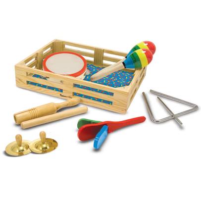 A wooden box with a variety of instruments in it Band-in-a-Box Toy