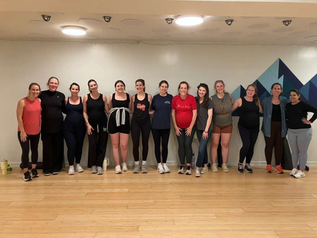 group of pregnant momfriends after prenatal workout