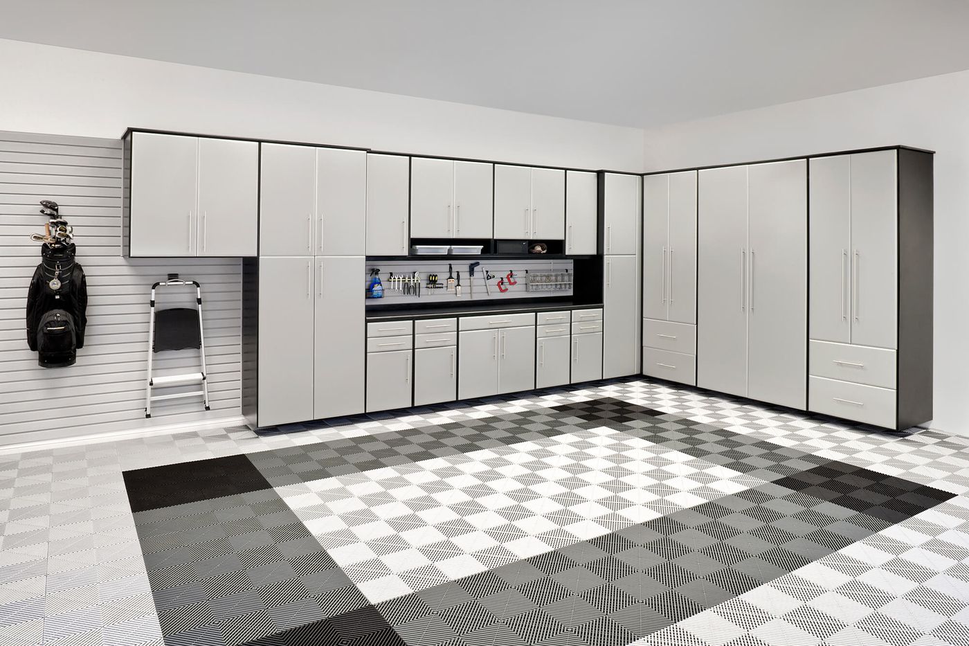 The Silver II Garage System comes in Black Melamine with Brushed Aluminum Deco Door and Drawer fronts. Always included with Silver II are stylish Bar Pull Handles, Ball Bearing Slides and matching Black Drawer Boxes. SILVER II COLLECTION