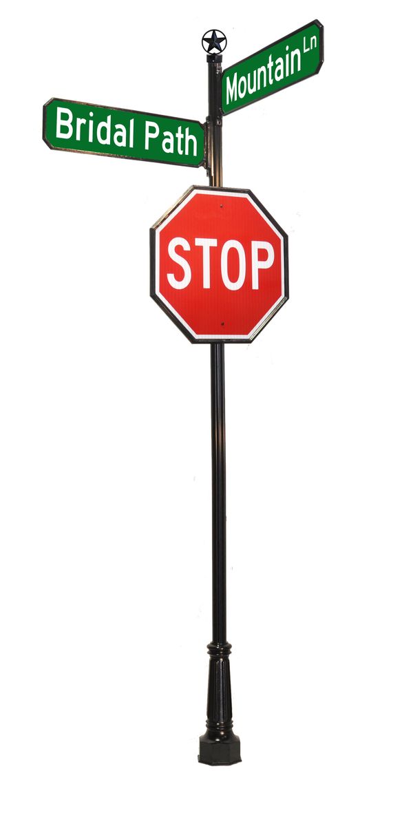 Decorative Street Sign Example - 3D stop sign with star finial and street signs