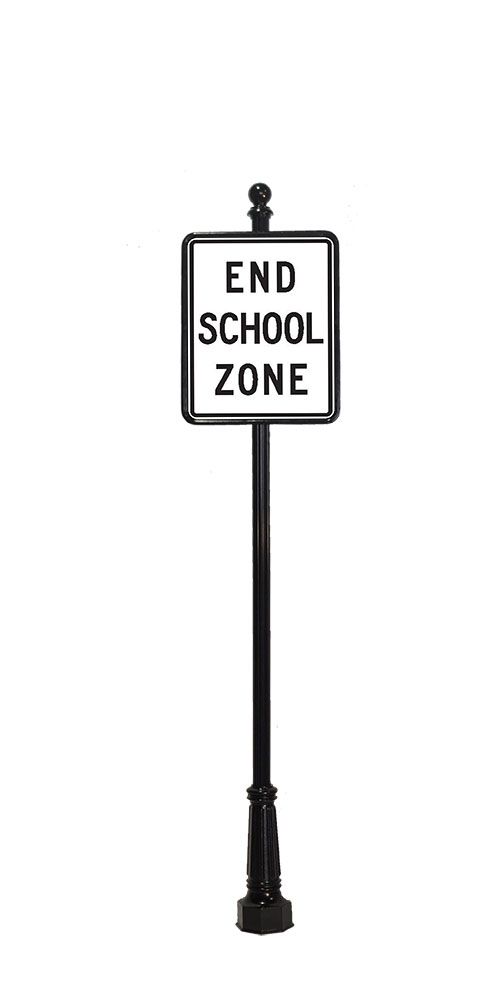 DECORATIVE TRAFFIC SIGN POST EXAMPLE - 3B3 end school zone with ball finial