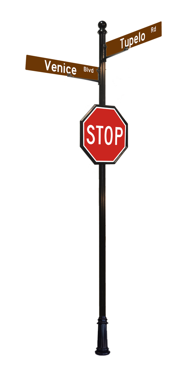 Decorative Street Sign Post Example Stop sign with street signs and ball finial