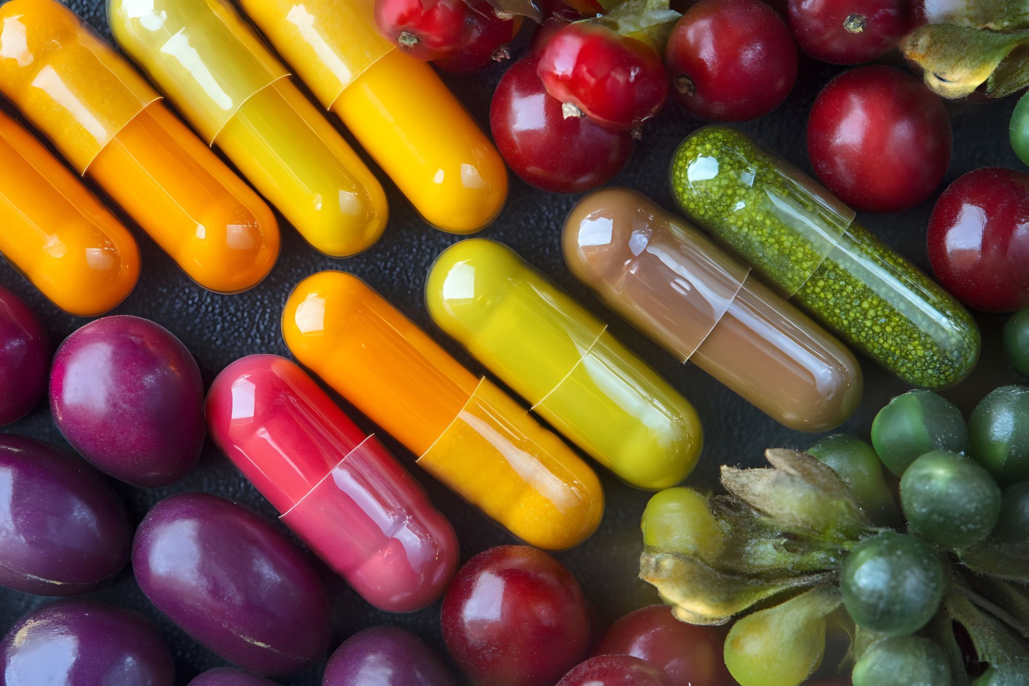 Image of vitamins, fruits, vegtables Vitamins & Supplements
