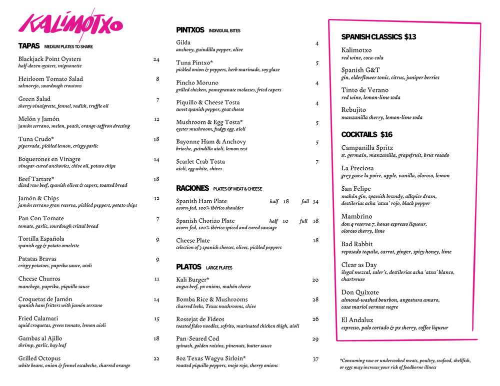 Kalimotxo Food and Cocktails Menu