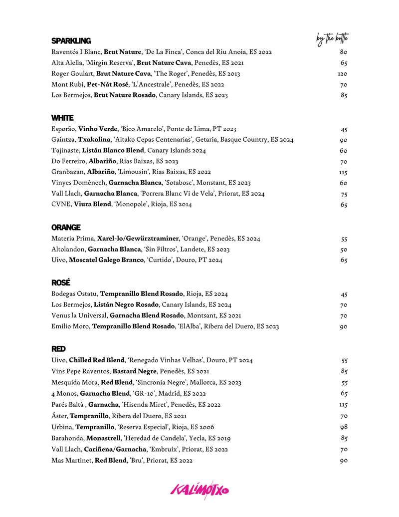 Kalimotxo Wine List Menu