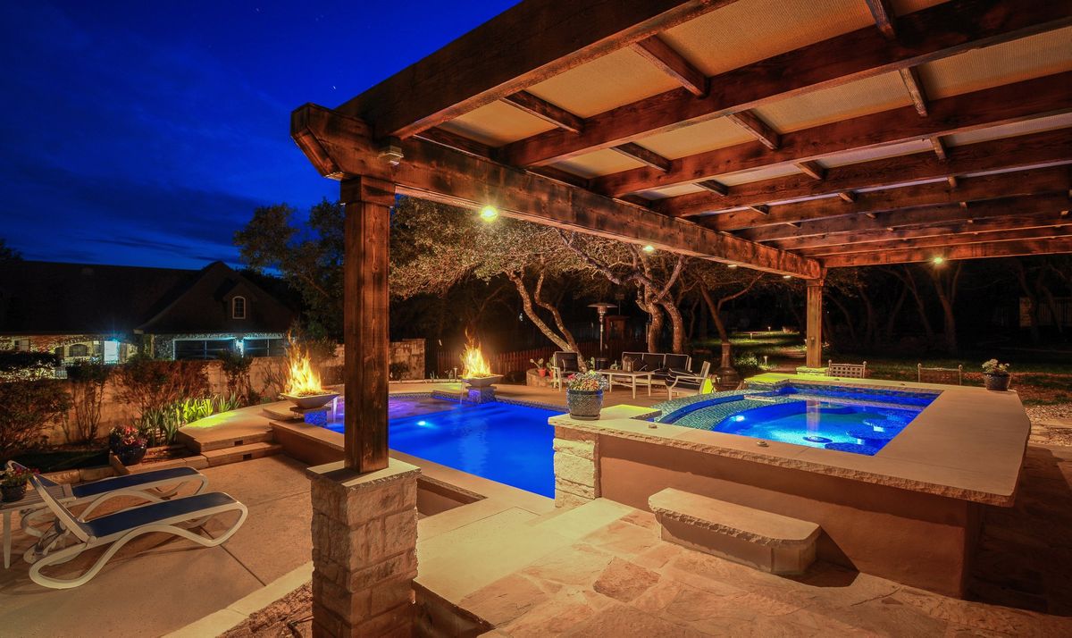 Custom Patio Pergola With Covered Spa and Tiled Pool