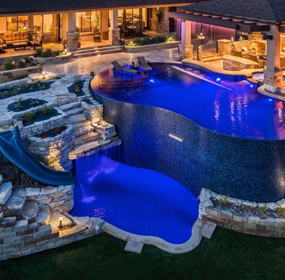Custom Infinity Pool With Swim up Bar and Rain Waterfall