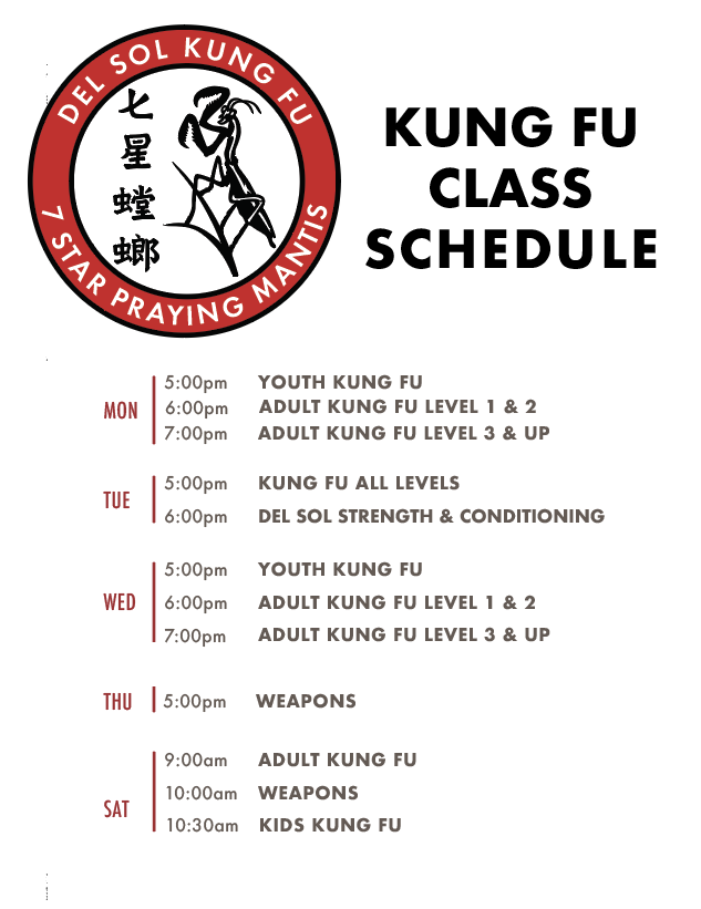 Kung Fu Studio Class Schedule 
