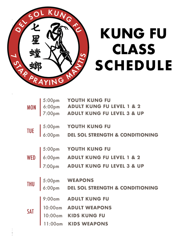 KUNG FU CLASS SCHEDULE