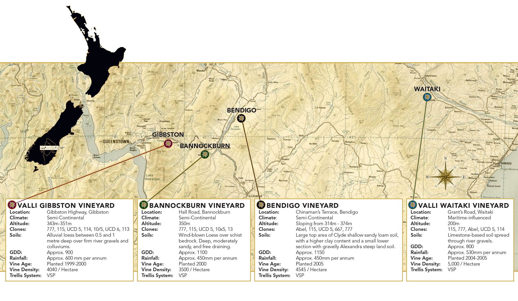Map detailing Valli's four vineyard sites throughout Central Otago and the Waitaki Valley. Valli Otago Vineyard Map