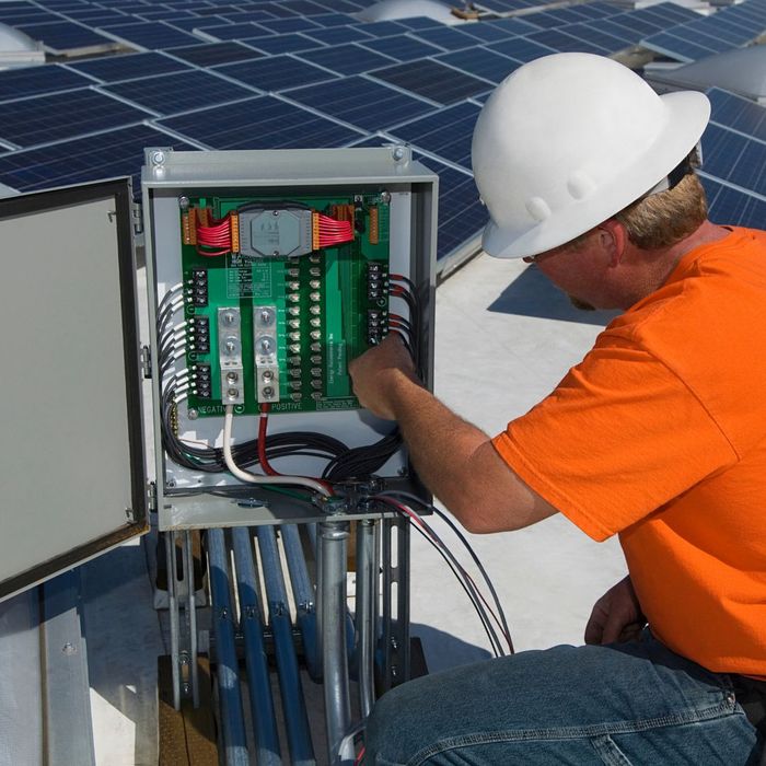Electrical engineer among solar panels at solar power plant