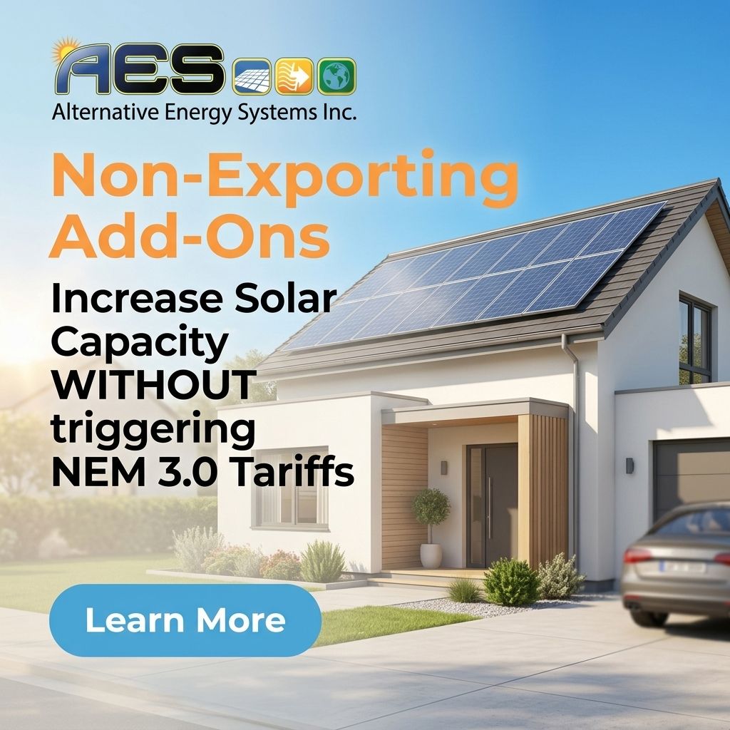 Promotional graphic for Alternative Energy Systems Inc. showing a modern home with rooftop solar panels and text about non-exporting add-ons to increase solar capacity without triggering NEM 3.0 tariffs, with a “Learn More” call-to-action button. Non-Exporting Add-Ons: Increase Solar Capacity without triggering NEM 3.0 Tariffs