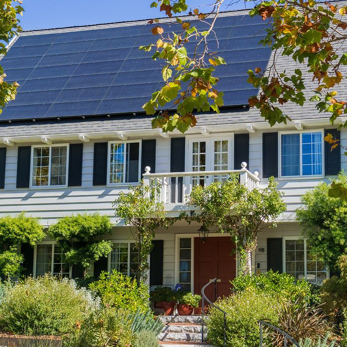 a home with lots of trees and solar panels