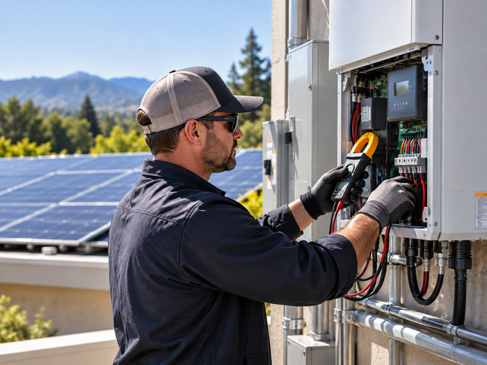 Solar Technician Performing Solar System Diagnostic Testing