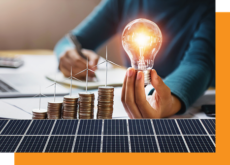 Woman holding a lightbulb over solar panels with a stack of coins.