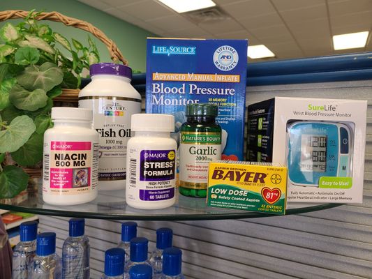 Over the counter medication and medical equipment. 