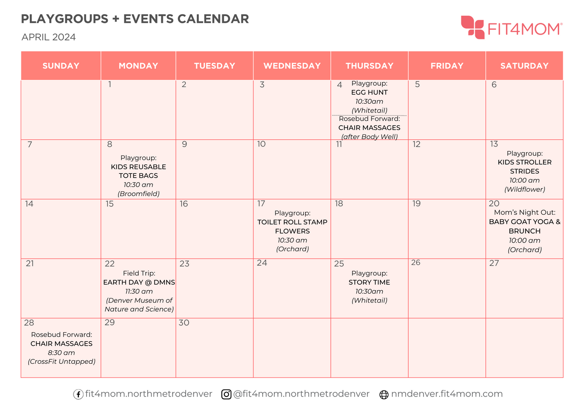 April 2024 Playgroups & Events Calendar at FIT4MOM North Metro Denver