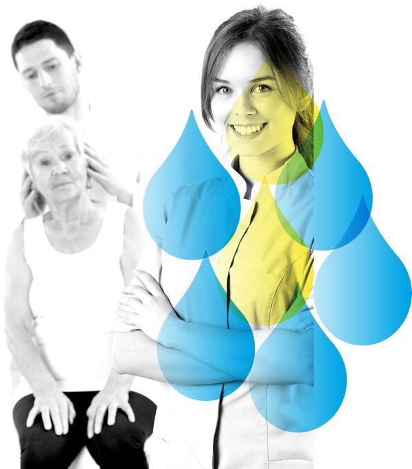 Male Practitioner Palpating an Elderly Woman's Head in Background And Young Female Practitioner Smiling in Foreground with Water Drop Accents from Well Within Logo