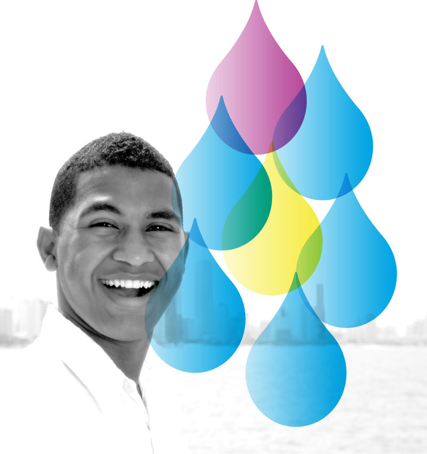 Smiling Young Man with Water Drops Accent from Well Within Logo