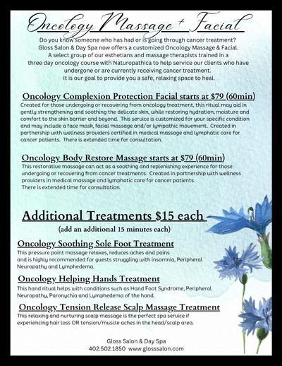 NEW! Oncology Massage + Facial Oncology Complexion Protection Facial starts at $79 (60 minutes) Created for those undergoing or recovering from oncology treatment, this ritual may aid in gently st.jpg